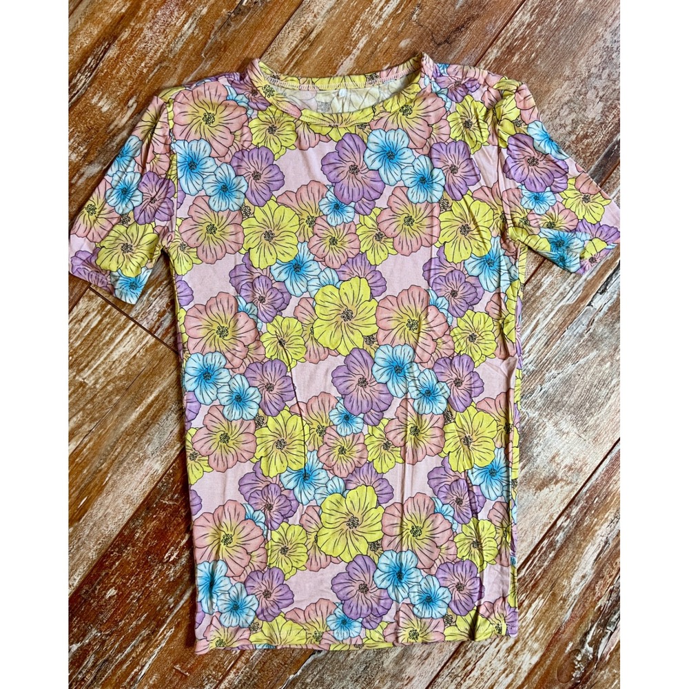 Posh Peanut Girls Floral Short Sleeve Pajama Top Pink Yellow Purple 10Y-12Y